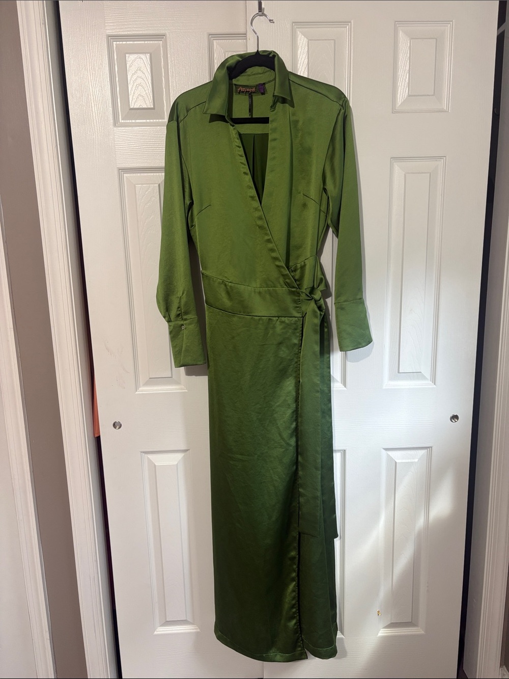 Free People Olive Green Satin Wrap Maxi Dress